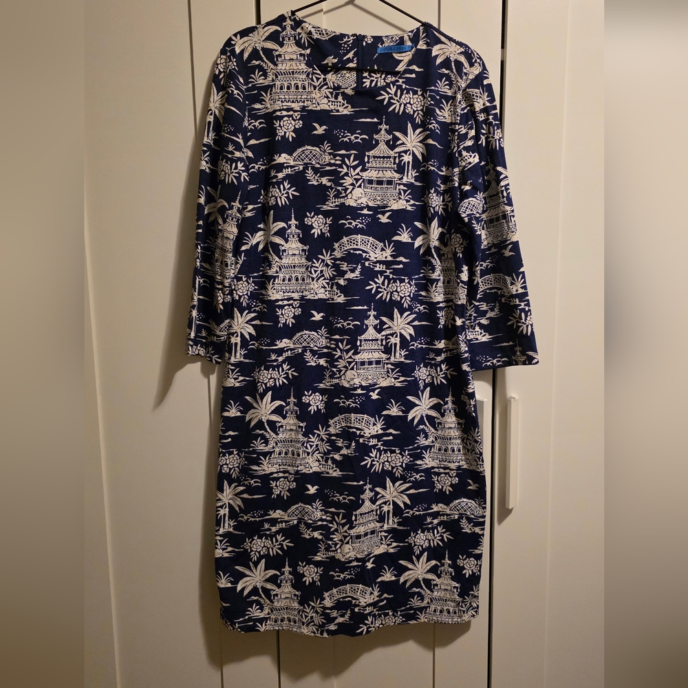 J. McLaughlin Sophia Dress Tongsai Palms Print 3/4 Sleeve Navy/White XL NWOT - Picture 3 of 9